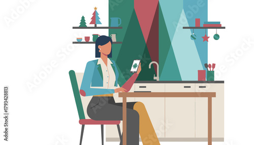 Professional woman checking her Android phone in a modern kitchen decorated for the winter holidays