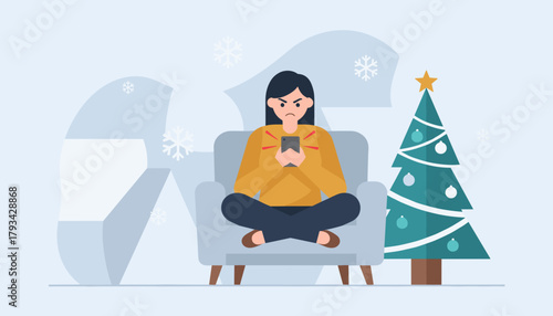 Frustrated woman using smartphone near Christmas tree symbolizing holiday stress anger or winter isolation
