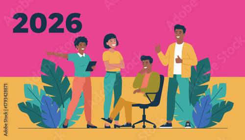 Diverse team planning strategy and celebrating success for the future year 2026