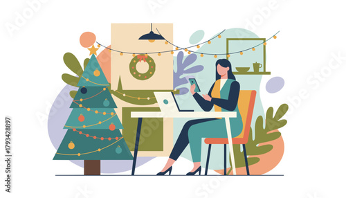 Professional woman working remotely on laptop and phone in a modern festive Christmas home office