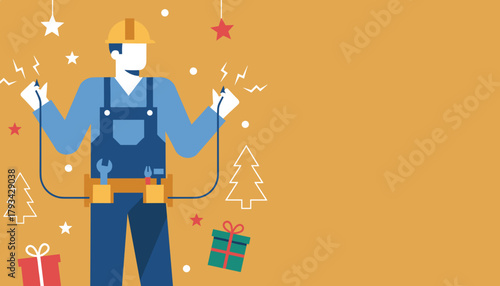 Maintenance worker handles electricity among Christmas gifts and stars Holiday service concept