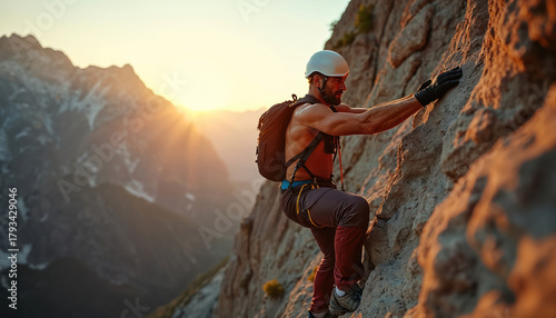 Muscular man in protective helmet climbs steep cliff. Mountaineer with rope and belay equipment ascends rocky mountain face. Alpinist in action on extreme sport adventure.