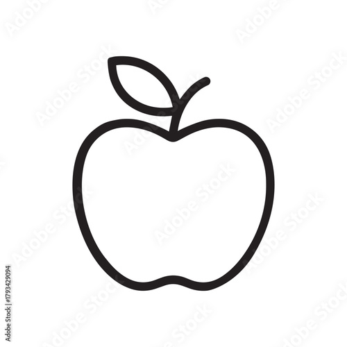 Simple black line art icon of a red apple with a leaf and stem