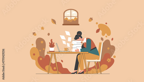 Overworked office woman burnt out sleeping on documents with heavy autumn workload