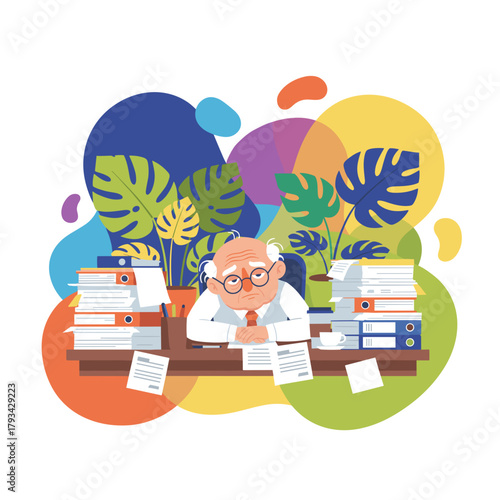 Tired senior worker overwhelmed by bureaucracy and massive workload Illustration