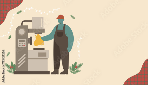 Factory worker molding product on machine with Christmas decor background Holiday industry production