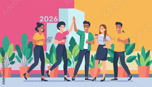 Diverse team highfiving celebrating business success and future goals 2026