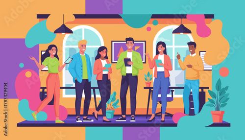 Diverse business team meeting in a vibrant modern office for collaboration and innovation