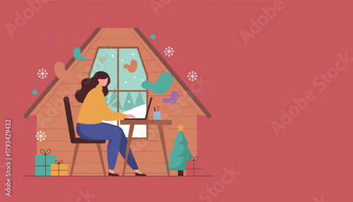Woman working remotely on a laptop inside a snowy winter cabin enjoying holiday productivity
