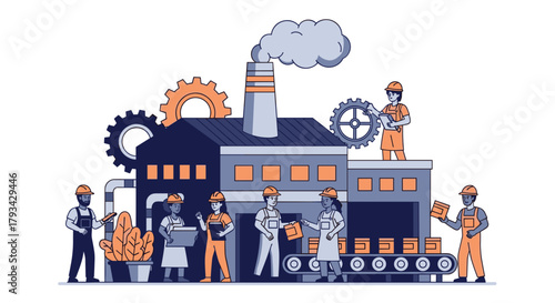 Industrial factory scene with diverse team of workers gears and assembly line illustrating manufacturing process