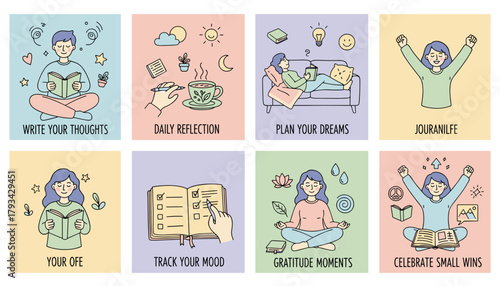 Cute doodle illustration set of selfcare and journaling habits for mental health and wellness