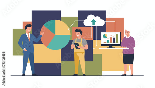 Team analyzing business data cloud technology and market growth with charts