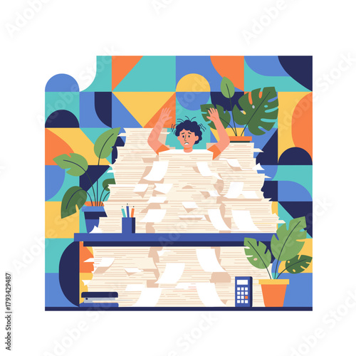 Overwhelmed worker drowning in papers Stress heavy workload and office burnout concept illustration