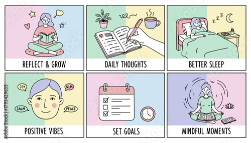 Selfcare routine illustration habits for wellness mindfulness reflection sleep and personal growth
