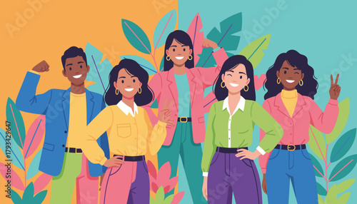 Diverse team showing unity and empowerment with tropical leaves background