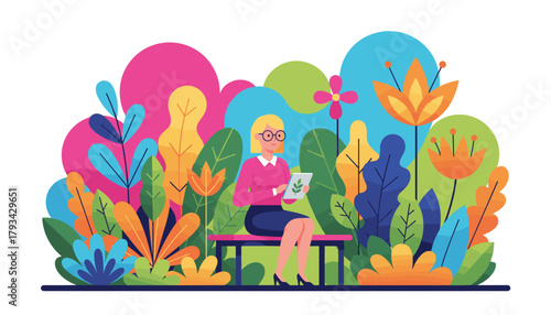 Woman uses tablet on a park bench surrounded by vibrant abstract nature Technology and sustainability
