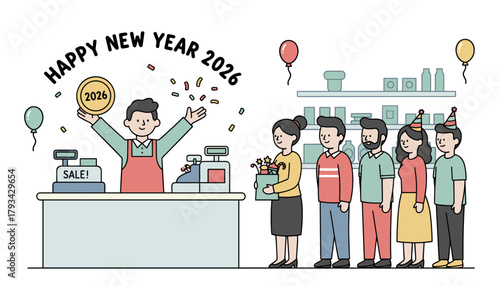 Happy New Year 2026 sale event Clerk holds 2026 coin while customers shop in line