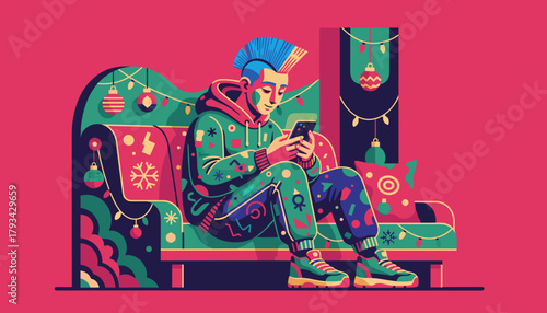 Young person with a mohawk uses a smartphone on a festive vibrant holiday couch