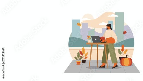 Woman working remotely on a laptop outdoors during autumn with a city view