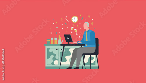 Businessman works late on New Years Eve surrounded by confetti clock and champagne