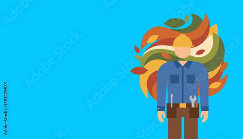 Vector illustration of tradesman with hard hat and tools against abstract foliage symbolizing green jobs