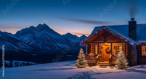 Cozy mountain cabin aglow at twilight with snowy peaks