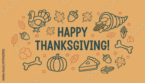Festive Thanksgiving graphic with turkey cornucopia pumpkin pie and fall symbols
