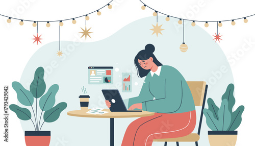 Sad woman suffering from job burnout while remote working on a laptop in a cozy cafe setting