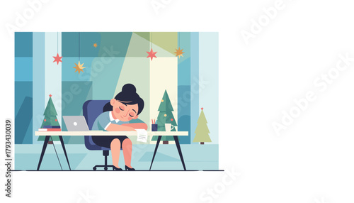 Tired businesswoman asleep at office desk during Christmas holidays Holiday burnout concept