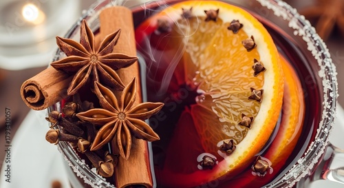 Warm spiced wine with citrus and star anise