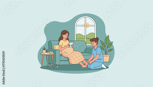 Home prenatal care illustration Nurse assists pregnant woman with foot massage and checkup for comfort