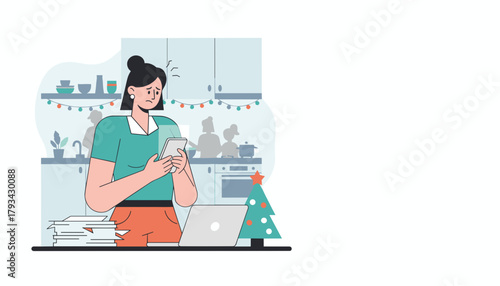 Stressed woman multitasking work and home life during the holiday season
