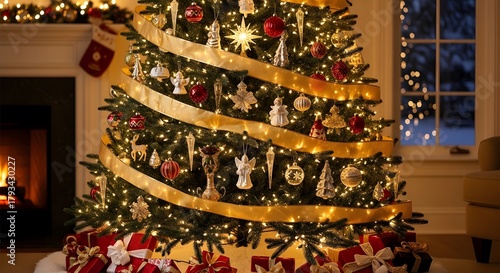 Festively decorated christmas tree with warm fireplace glow