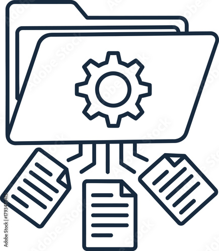 Illustration of folder with gear and documents, data processing