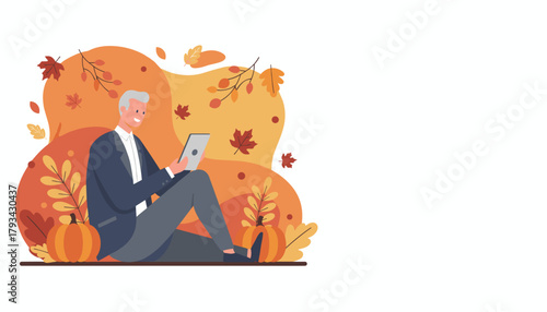 Happy man in business attire uses tablet in an autumn setting with leaves and pumpkins