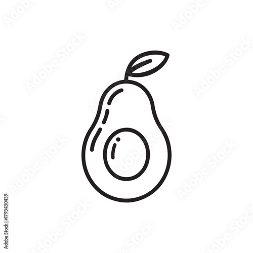 A simple black and white outline icon of a halved avocado with a pit and leaf, isolated on a, representing healthy food