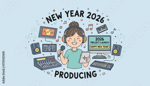 New Year 2026 music production concept illustration Producer launching a new audio project