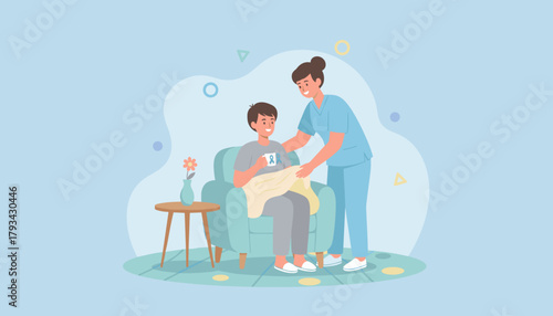 Nurse provides compassionate care to a young patient sitting in a chair Home healthcare concept