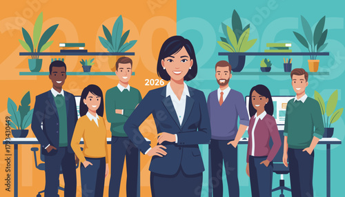 Confident female leader and diverse professional team ready for success in 2026