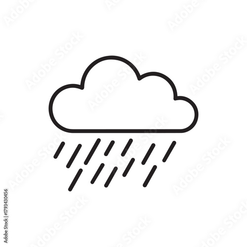 A simple black and white outline icon of a cloud with rain falling, isolated on a, representing weather