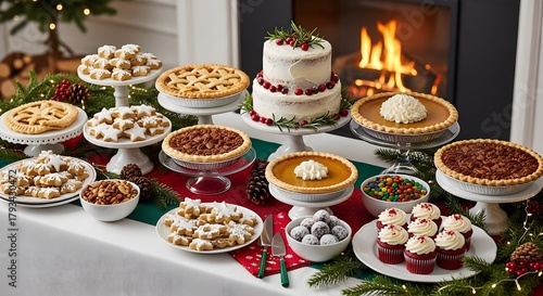 A festive holiday dessert spread with pies and cakes by the fire