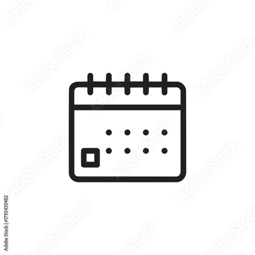 A simple black and white outline icon of a calendar page with dots and a marked square, isolated on a, representing time