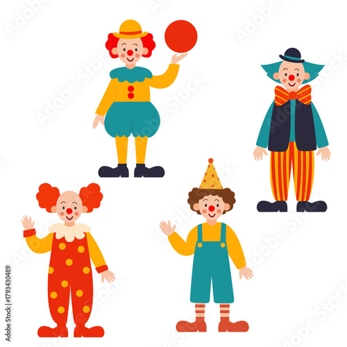 Four cheerful cartoon clowns with red noses and colorful costumes—one holding a red ball, another in stripes, one with puffy pants, and one wearing a party hat—all smiling and waving.