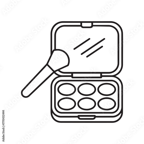 Open makeup palette with six eyeshadows and a brush