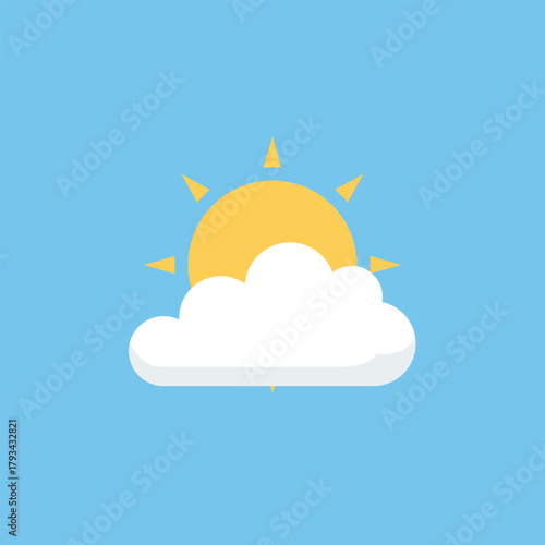 Flat vector illustration of a sun partially covered by a cloud, symbolizing partly cloudy weather, forecast, and climate conditions.