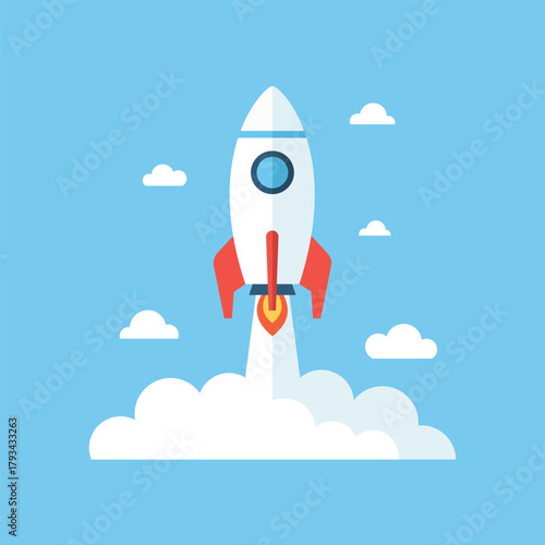 Flat vector illustration of a white rocket launching upward into a blue sky with clouds, symbolizing successful startup, business growth, and rapid progress.