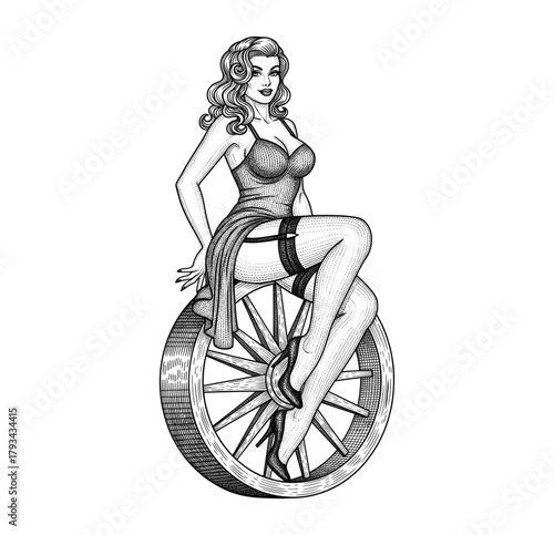 Pin-Up Woman Sitting on Wagon Wheel