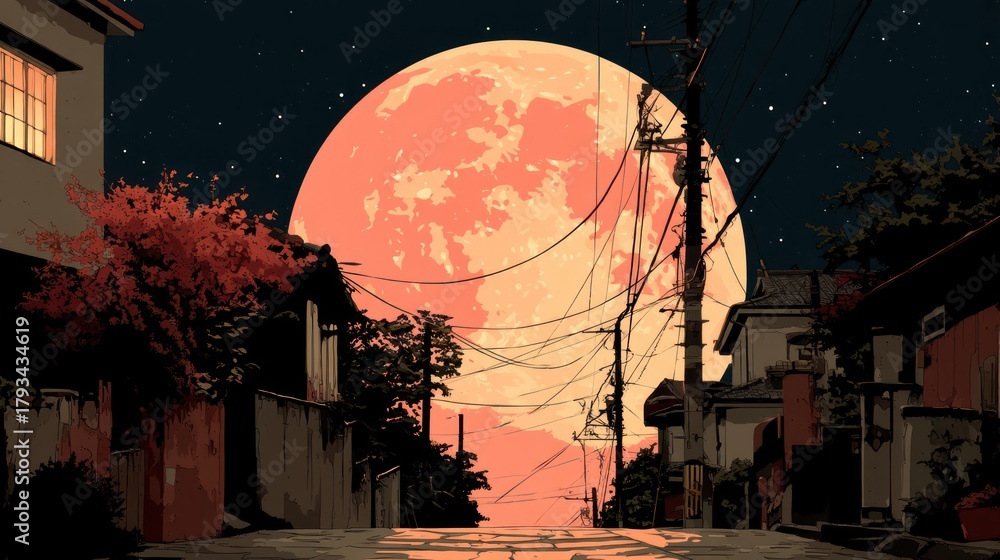 Naklejka premium Dramatic night street scene with a huge orange moon illustration