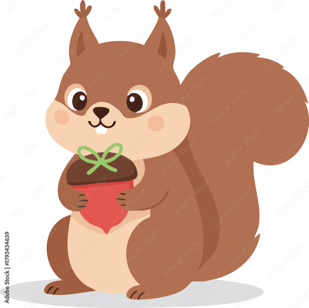 Fototapeta premium A cute squirrel holds a decorated acorn gift, smiling with its fluffy tail curled behind