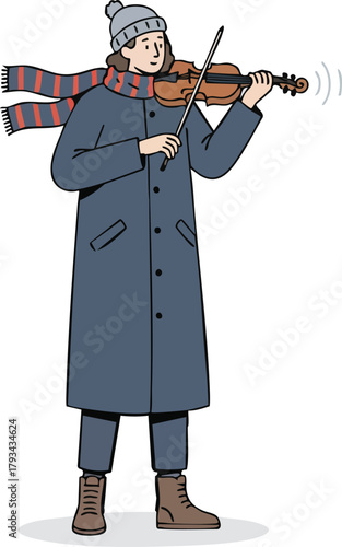 A warmly dressed street musician plays the violin outdoors, wearing a long coat, scarf, and hat